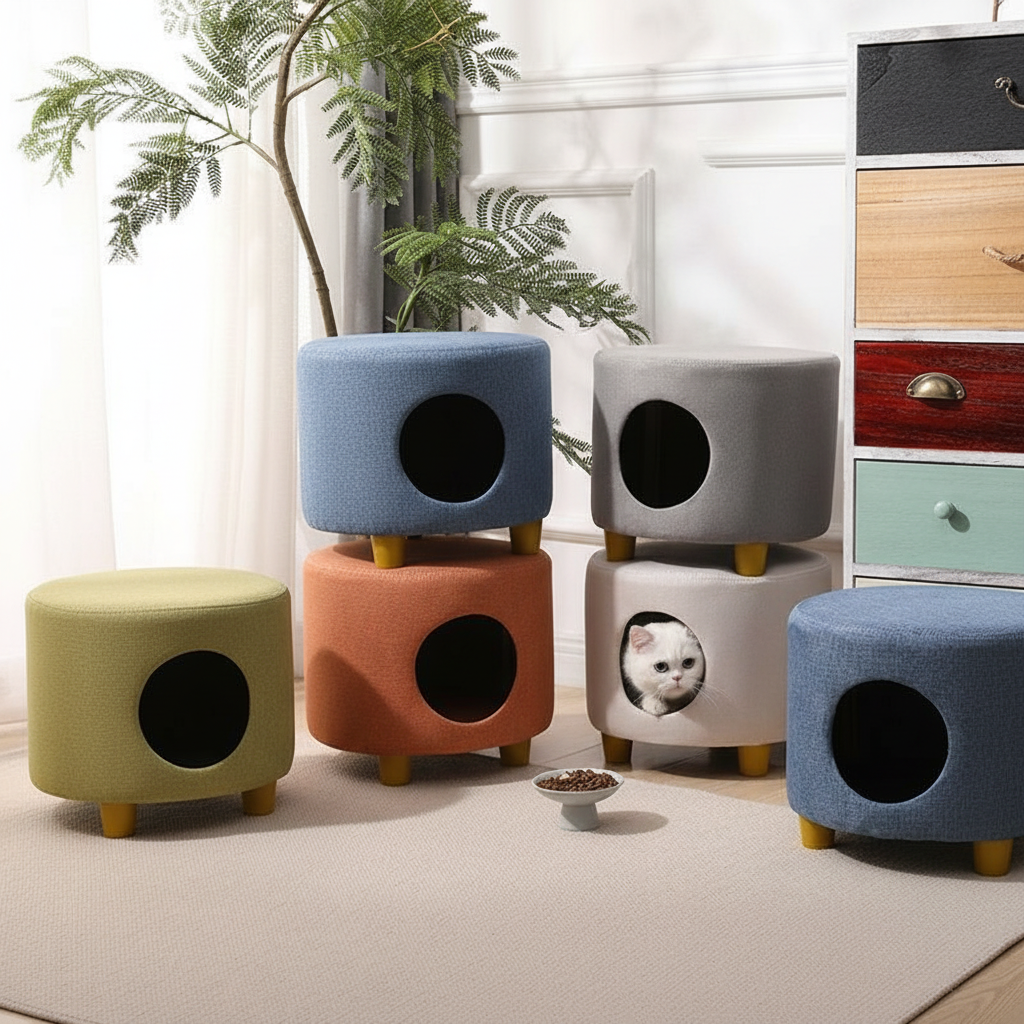 Cozy Cat Bed & Stool Combo | Durable Wooden Design for Year-Round Comfort