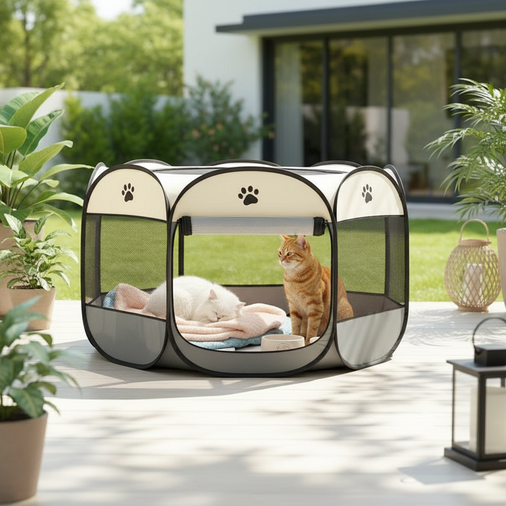 Cozy Pet Enclosure | Octagonal Cage Bed with Ventilation Windows | Portable Playpen for Cats and Small Dogs