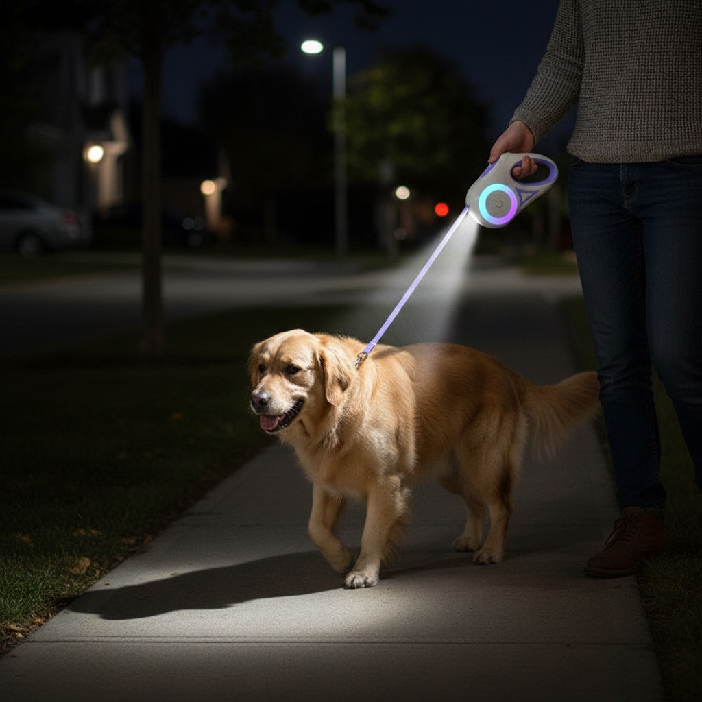 Automatic Retractable Dog Leash with LED Lights | Ergonomic Design for Nighttime Safety