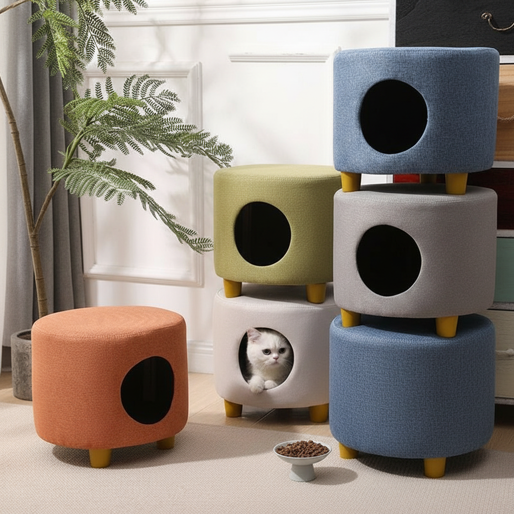 Cozy Cat Bed & Stool Combo | Durable Wooden Design for Year-Round Comfort