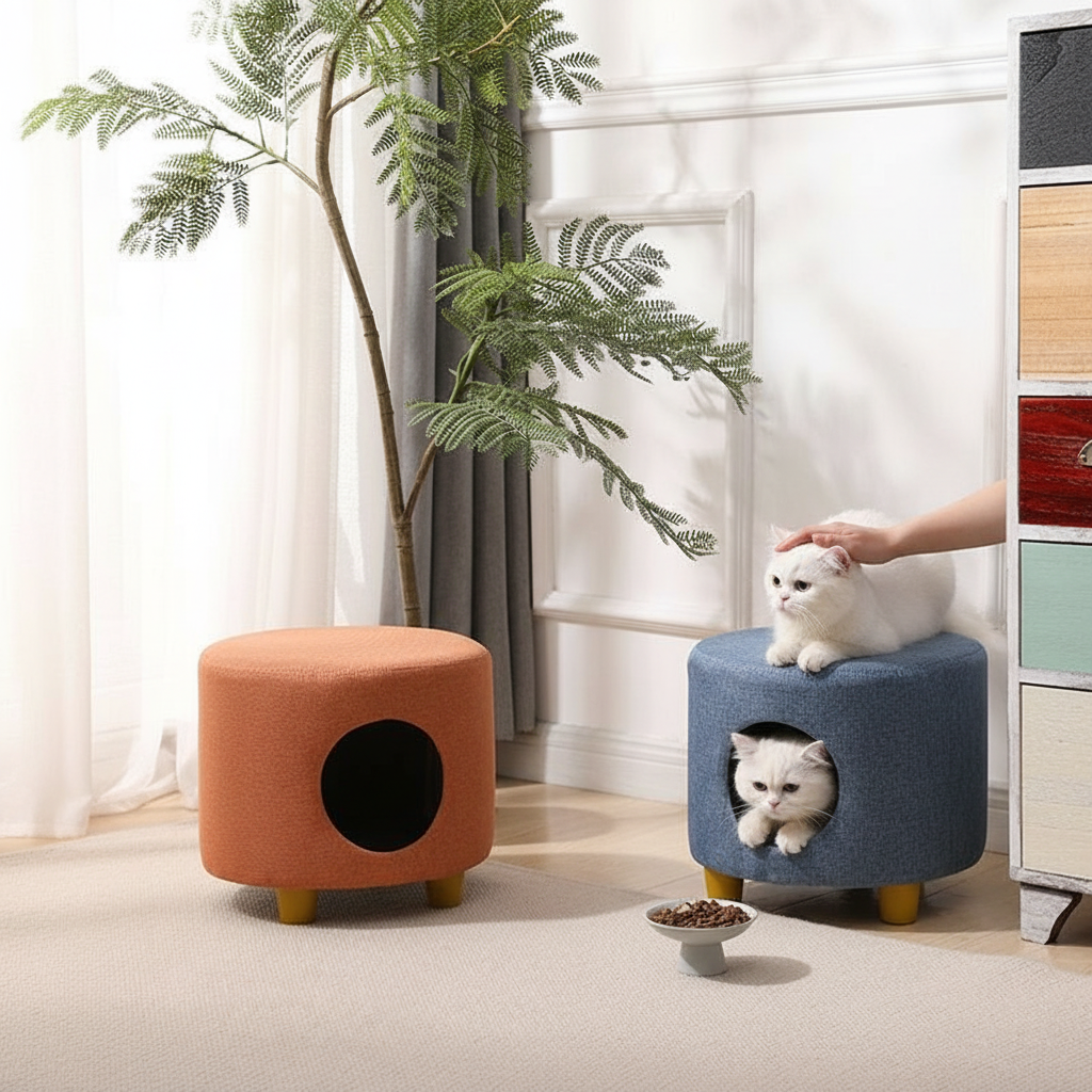 Cozy Cat Bed & Stool Combo | Durable Wooden Design for Year-Round Comfort